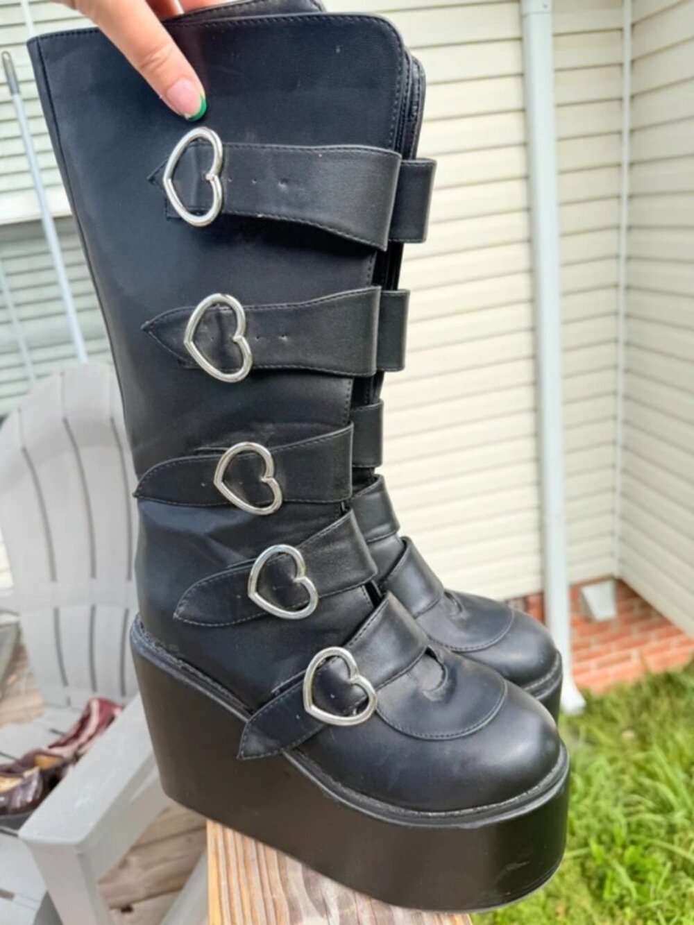 Y2K Goth Platform Heart Buckle Boots sz8 Emo Coquette Grunge Knee High 3516